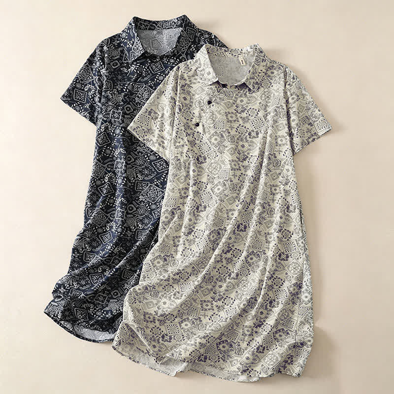 Buddha Stones Sommerliches, lässiges Vintage-Kleid für Damen mit Knopfleiste, geometrischem Muster, kurzen Ärmeln, knielang und mit Taschen - image 8