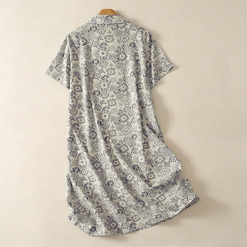 Buddha Stones Sommerliches, lässiges Vintage-Kleid für Damen mit Knopfleiste, geometrischem Muster, kurzen Ärmeln, knielang und mit Taschen - image 4