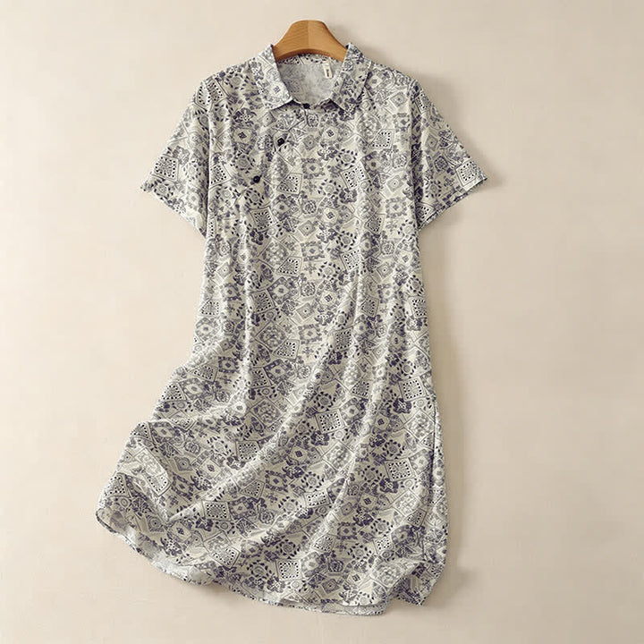 Buddha Stones Sommerliches, lässiges Vintage-Kleid für Damen mit Knopfleiste, geometrischem Muster, kurzen Ärmeln, knielang und mit Taschen - Beige - US12, UK/AU16, EU44 (2XL) - image 3