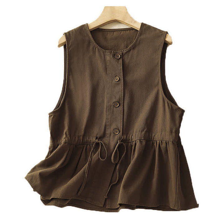 Buddha Stones Lässiges, ärmelloses Tanktop im Vintage-Stil mit Knopfleiste und Kordelzug für Damen – perfekt für den Sommer. - image 1