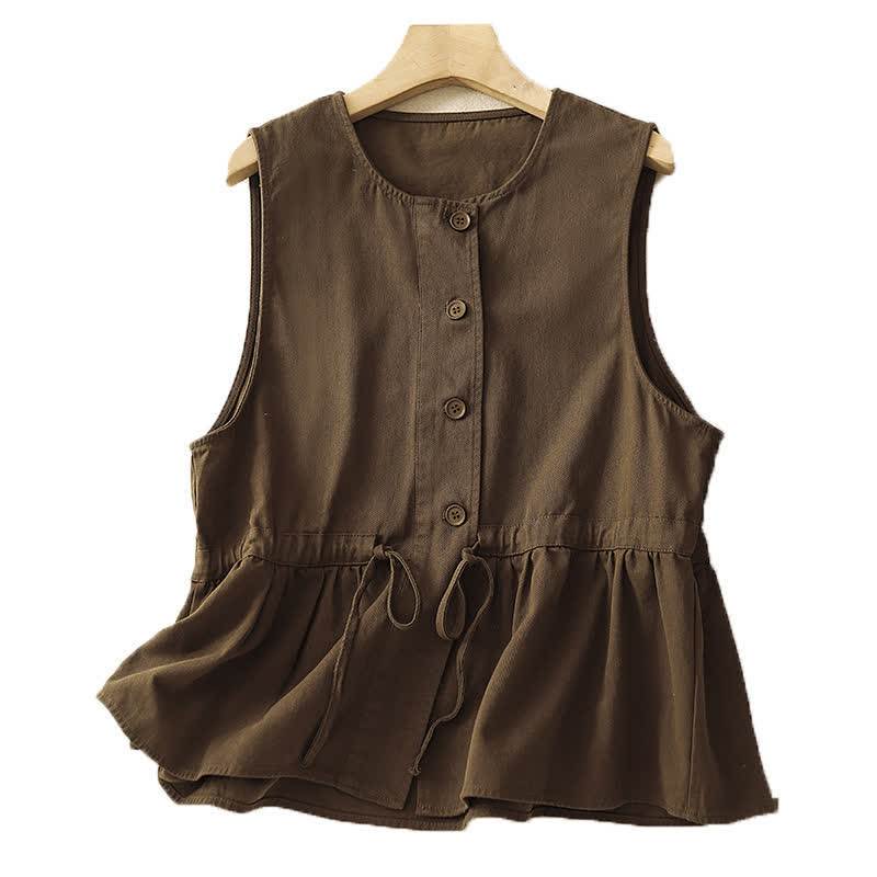 Buddha Stones Lässiges, ärmelloses Tanktop im Vintage-Stil mit Knopfleiste und Kordelzug für Damen – perfekt für den Sommer. - image 1