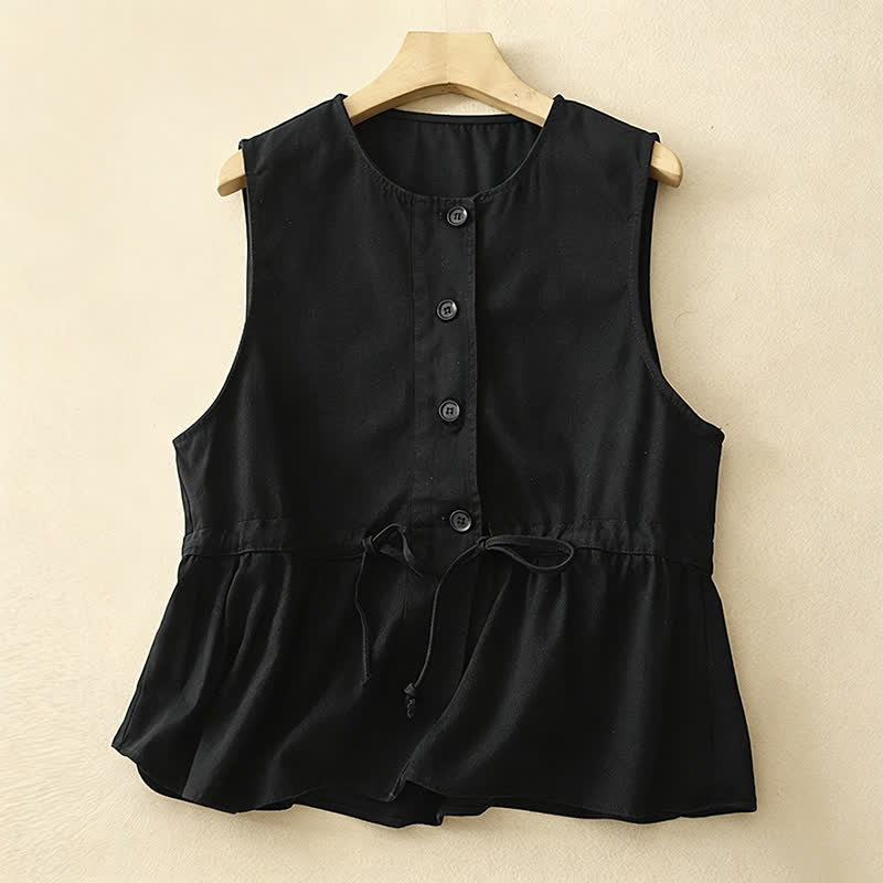 Buddha Stones Lässiges, ärmelloses Tanktop im Vintage-Stil mit Knopfleiste und Kordelzug für Damen – perfekt für den Sommer. - Schwarz - US8-10, UK/AU12-14, EU40-42 (2XL) - image 7