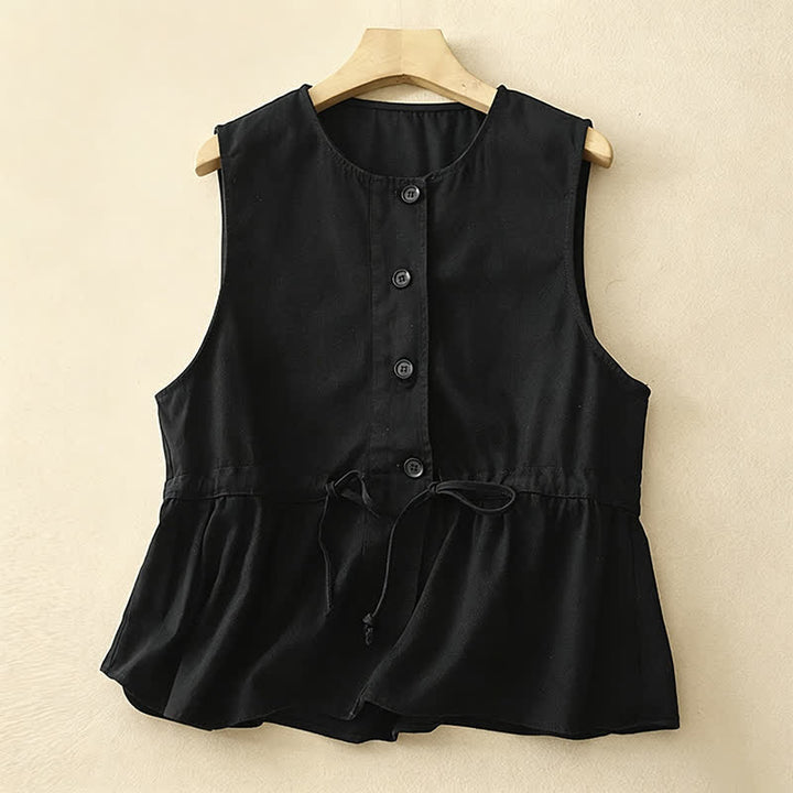 Buddha Stones Lässiges, ärmelloses Tanktop im Vintage-Stil mit Knopfleiste und Kordelzug für Damen – perfekt für den Sommer. - Schwarz - US8-10, UK/AU12-14, EU40-42 (2XL) - image 7