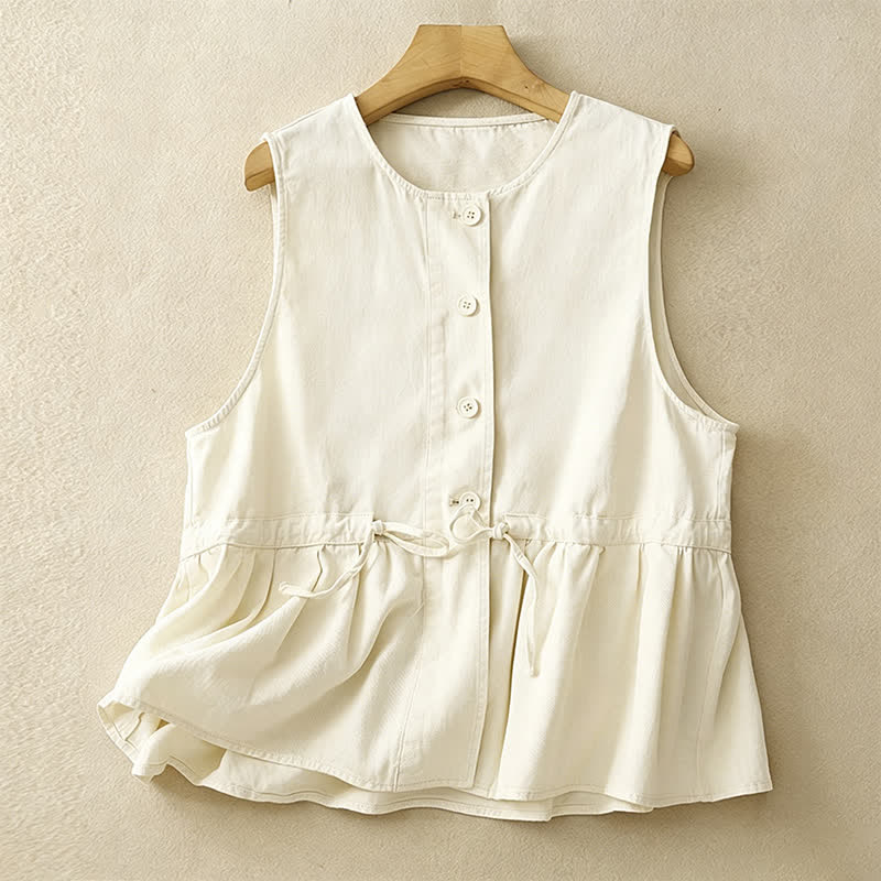 Buddha Stones Lässiges, ärmelloses Tanktop im Vintage-Stil mit Knopfleiste und Kordelzug für Damen – perfekt für den Sommer. - Leinen - US8-10, UK/AU12-14, EU40-42 (2XL) - image 13