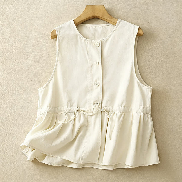 Buddha Stones Lässiges, ärmelloses Tanktop im Vintage-Stil mit Knopfleiste und Kordelzug für Damen – perfekt für den Sommer. - Leinen - US8-10, UK/AU12-14, EU40-42 (2XL) - image 13