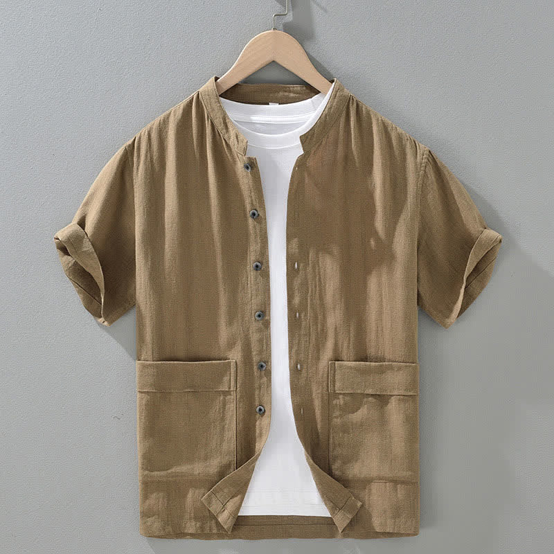 Buddha Stones Sommerliches Vintage-Herrenhemd mit Stehkragen, Knopfleiste, kurzen Ärmeln und Taschen - Dunkelkhaki - US/ UK/AU42, EU52 (3XL) - image 12