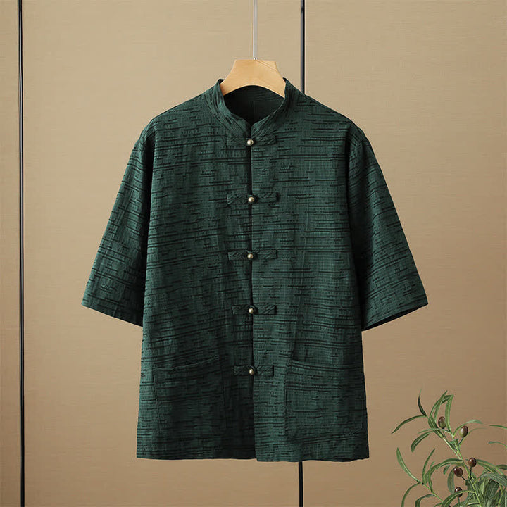 Buddha Stones Sommerliches Tang Style Casual Herrenhemd mit Stehkragen, Froschknopfleiste, Ellbogenlänge und Taschen - Dunkelgrün - US/ UK/AU48, EU58 (6XL) - image 0
