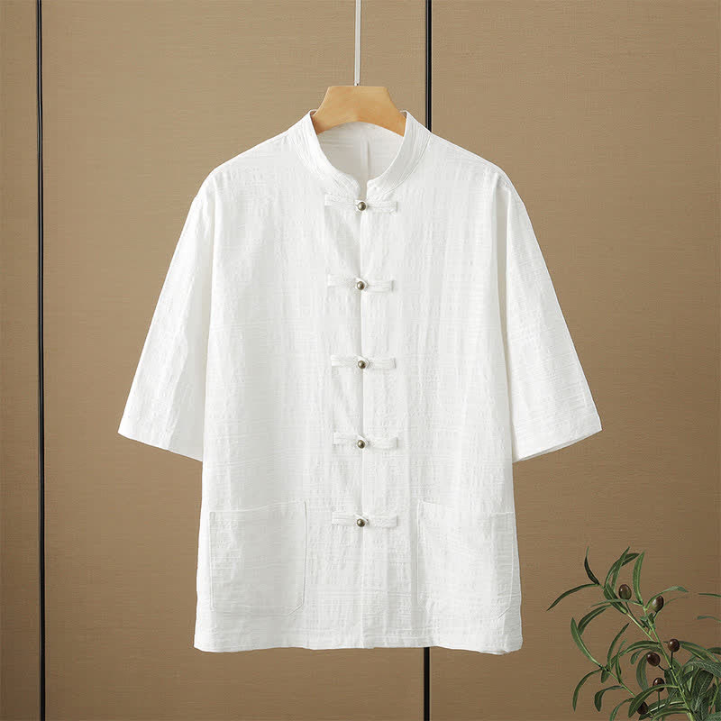 Buddha Stones Sommerliches Tang Style Casual Herrenhemd mit Stehkragen, Froschknopfleiste, Ellbogenlänge und Taschen - Weiß - US/ UK/AU48, EU58 (6XL) - image 3