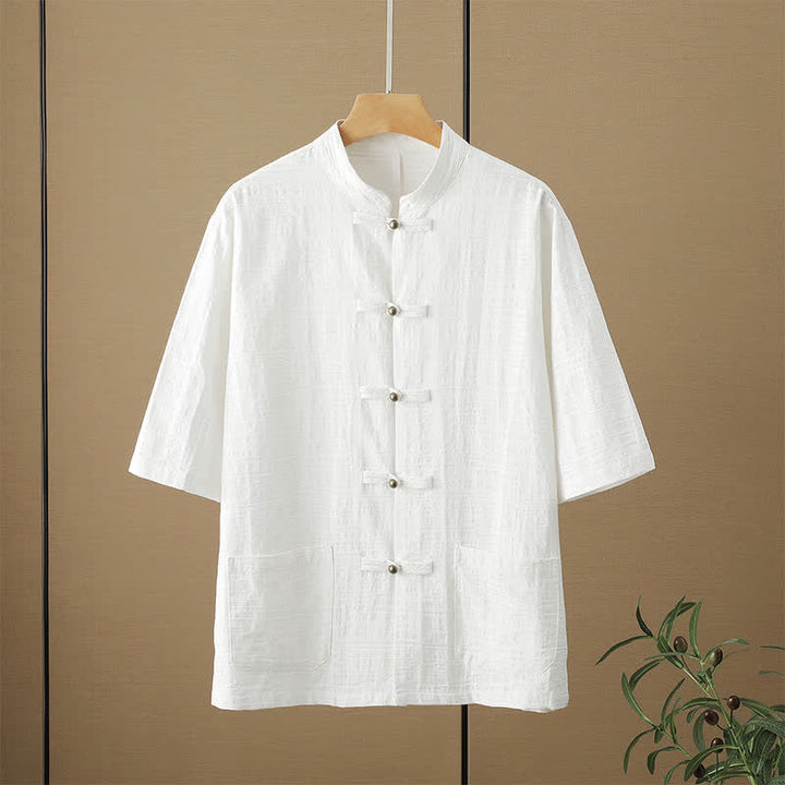 Buddha Stones Sommerliches Tang Style Casual Herrenhemd mit Stehkragen, Froschknopfleiste, Ellbogenlänge und Taschen - Weiß - US/ UK/AU48, EU58 (6XL) - image 3