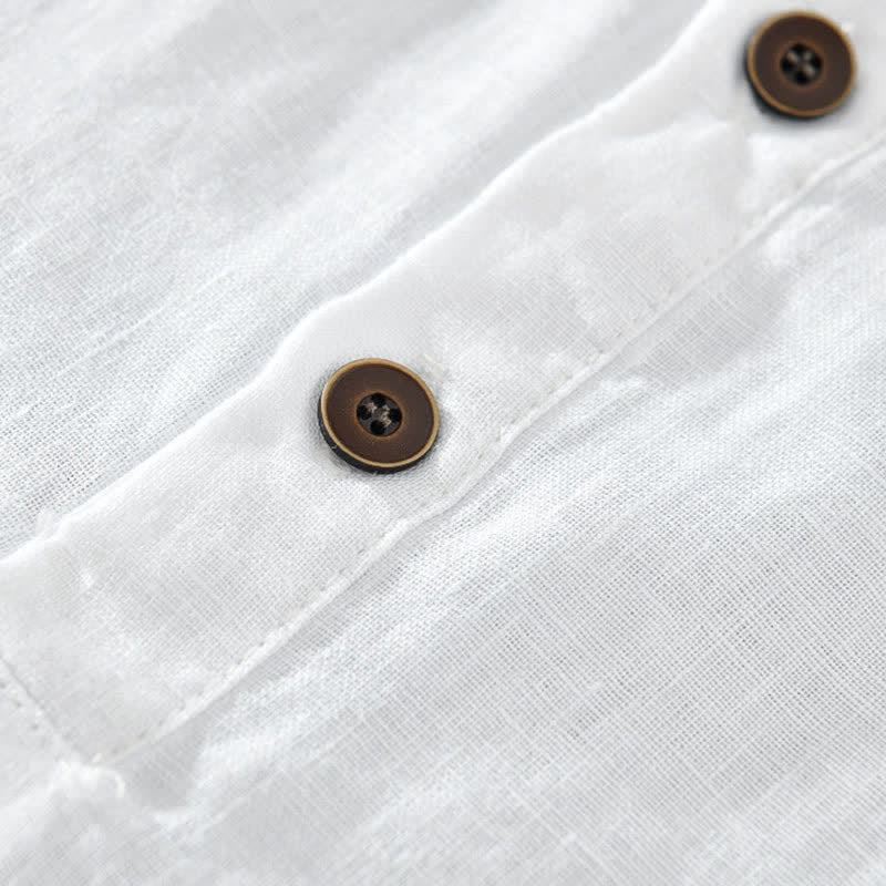 Buddha Stones Lässiges, minimalistisches Kurzarmhemd aus Leinen für Herren im Sommer mit Knopfleiste - image 10