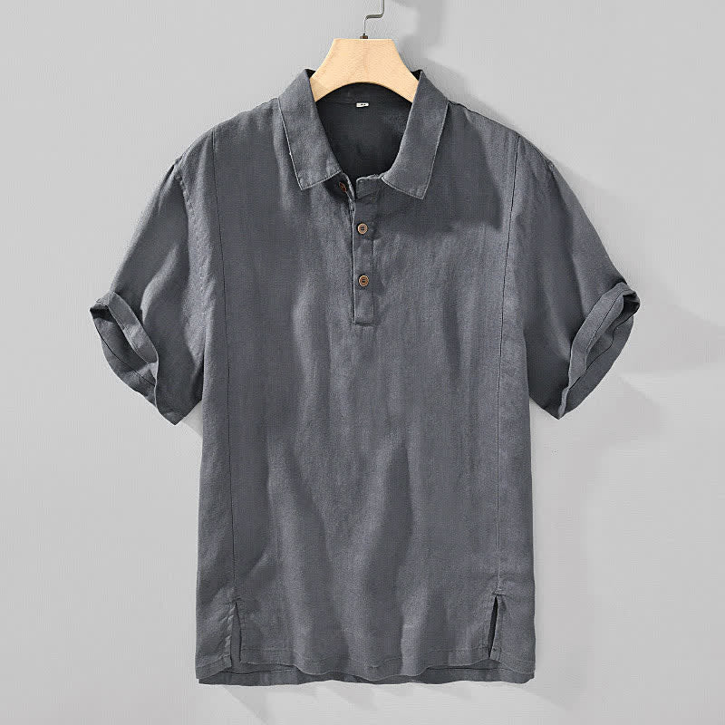 Buddha Stones Lässiges, minimalistisches Kurzarmhemd aus Leinen für Herren im Sommer mit Knopfleiste - DimGray - US/ UK/AU44, EU54 (4XL) - image 0