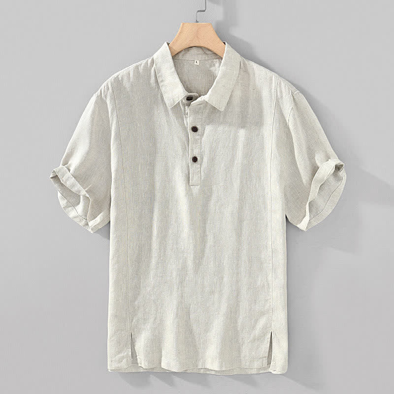 Buddha Stones Lässiges, minimalistisches Kurzarmhemd aus Leinen für Herren im Sommer mit Knopfleiste - Leinen - US/ UK/AU44, EU54 (4XL) - image 3