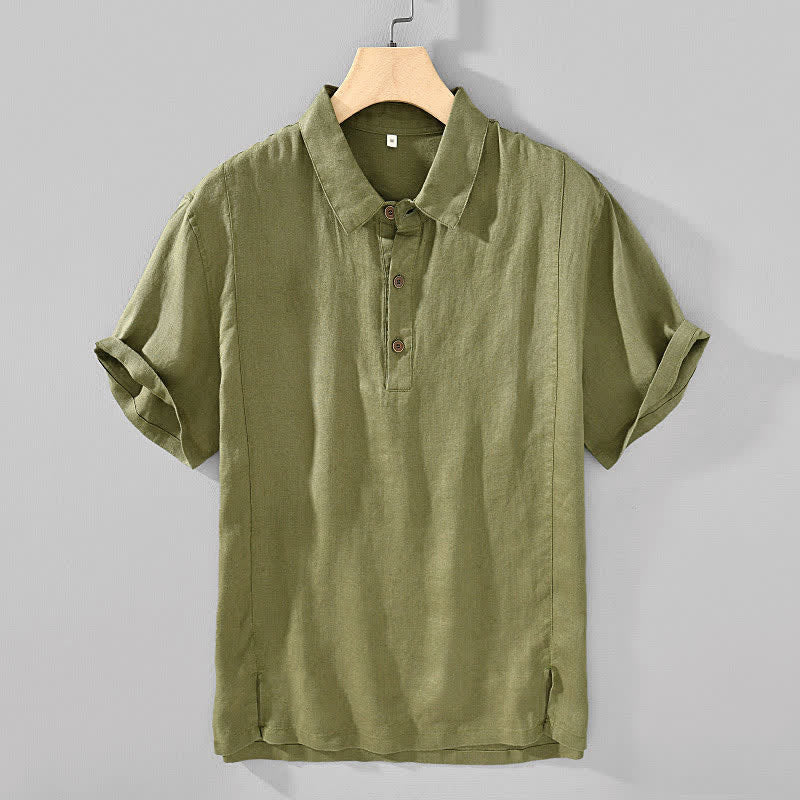 Buddha Stones Lässiges, minimalistisches Kurzarmhemd aus Leinen für Herren im Sommer mit Knopfleiste - Olivgrün - US/ UK/AU44, EU54 (4XL) - image 12