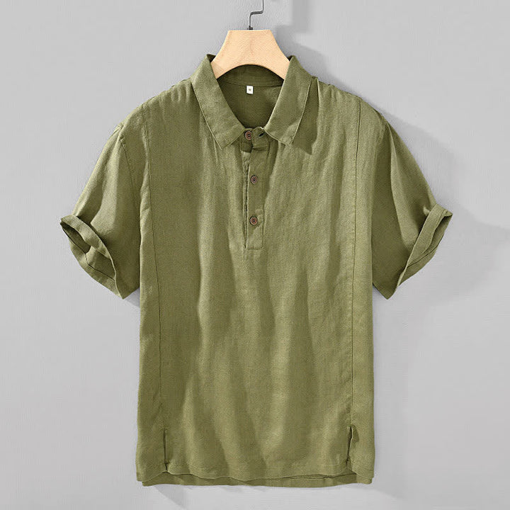 Buddha Stones Lässiges, minimalistisches Kurzarmhemd aus Leinen für Herren im Sommer mit Knopfleiste - Olivgrün - US/ UK/AU44, EU54 (4XL) - image 12