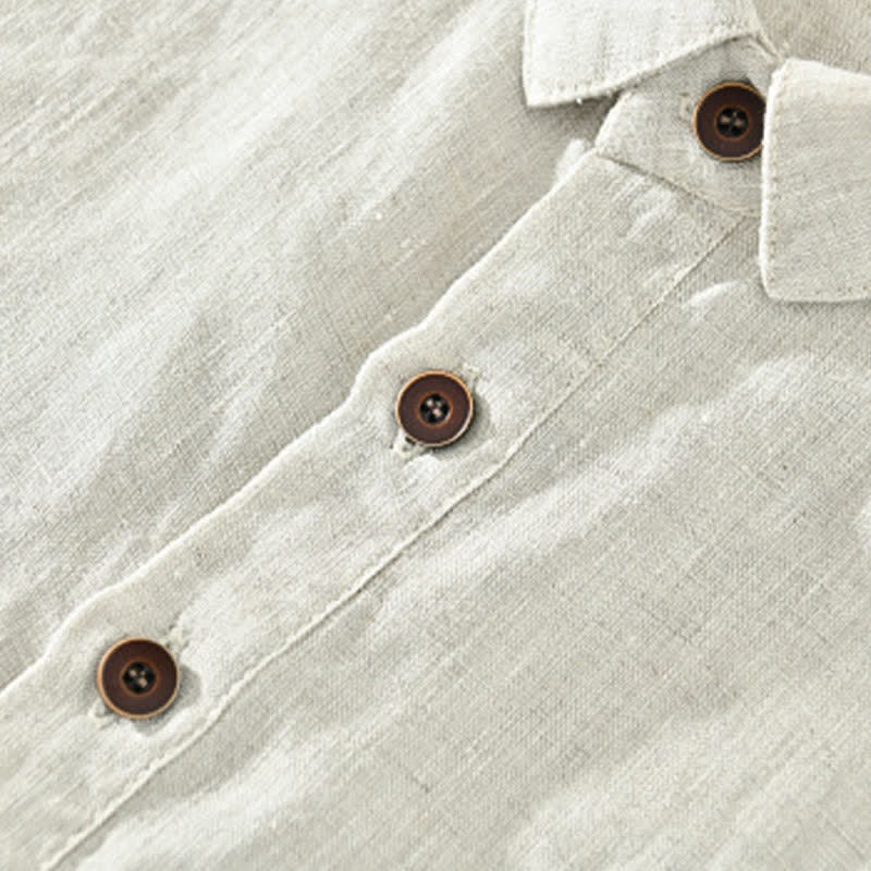 Buddha Stones Lässiges, minimalistisches Kurzarmhemd aus Leinen für Herren im Sommer mit Knopfleiste - image 5