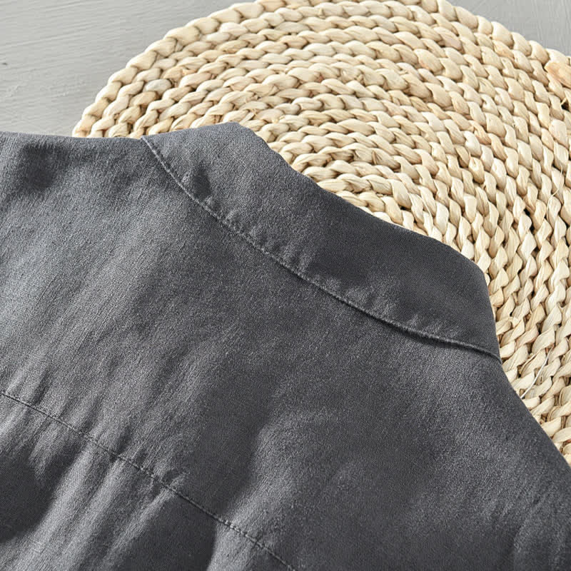 Buddha Stones Lässiges, minimalistisches Kurzarmhemd aus Leinen für Herren im Sommer mit Knopfleiste - image 1