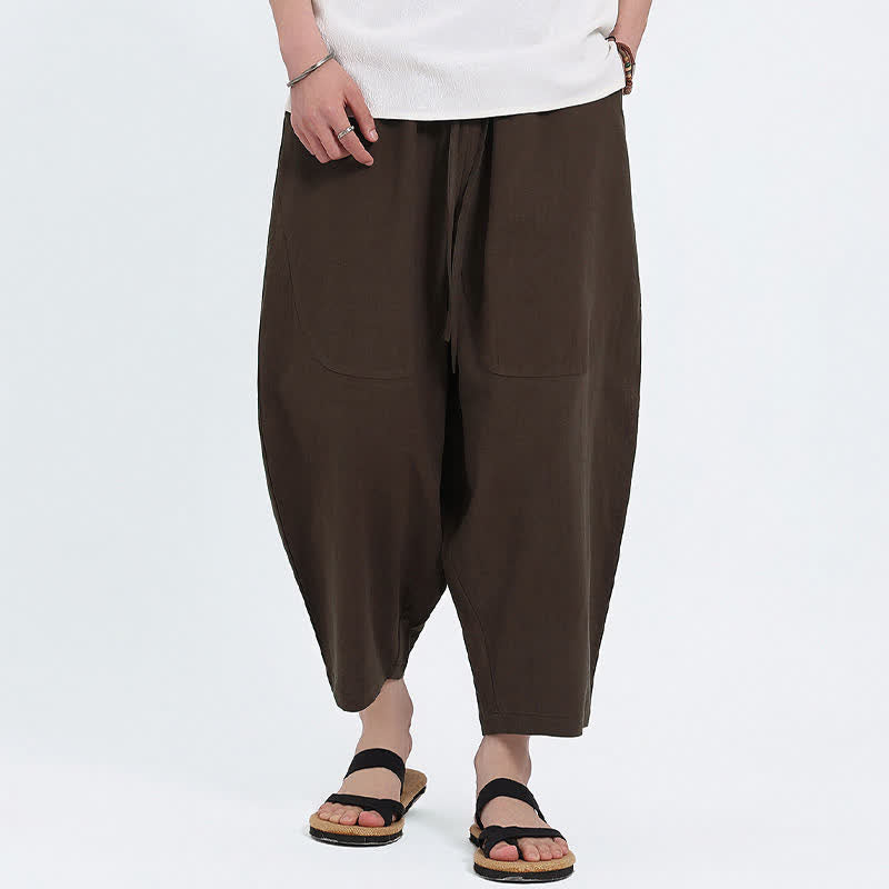 Buddha Stones Lässige Caprihose aus Baumwoll-Leinen-Mischgewebe mit Kordelzug und Taschen für Herren - image 12