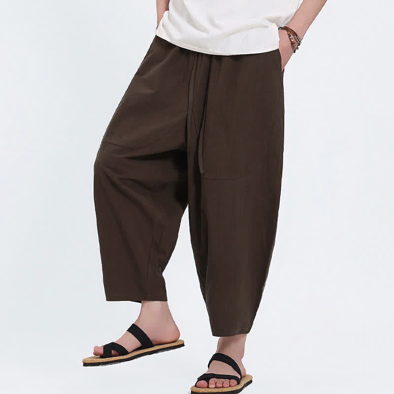 Buddha Stones Lässige Caprihose aus Baumwoll-Leinen-Mischgewebe mit Kordelzug und Taschen für Herren - image 10