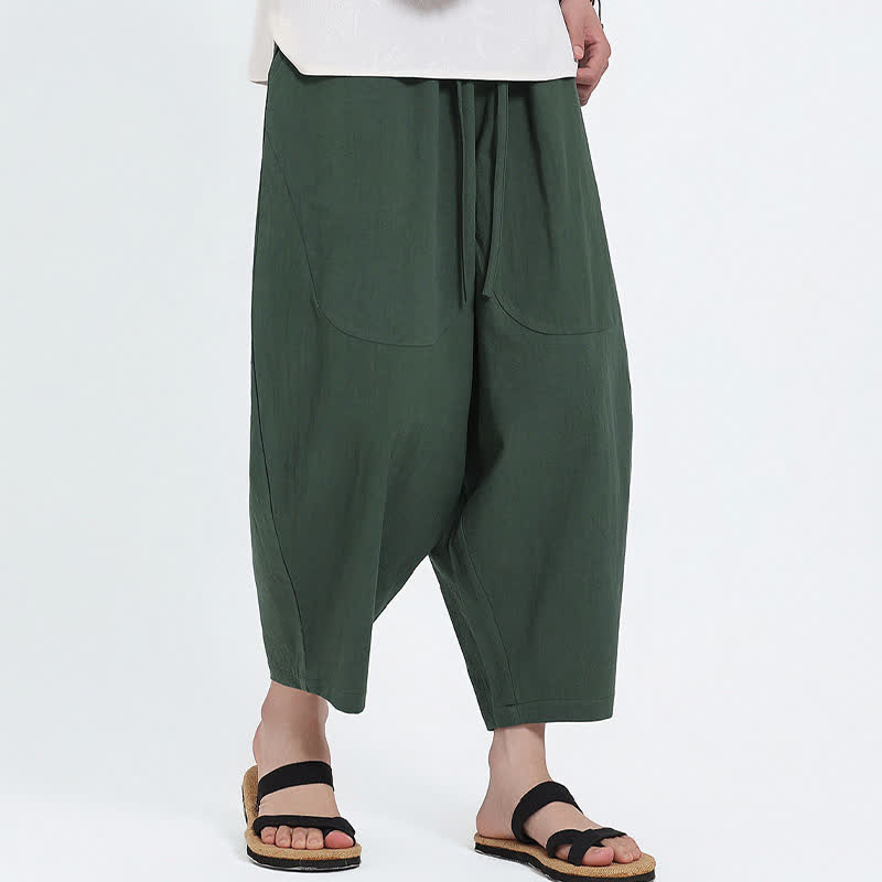 Buddha Stones Lässige Caprihose aus Baumwoll-Leinen-Mischgewebe mit Kordelzug und Taschen für Herren - image 4