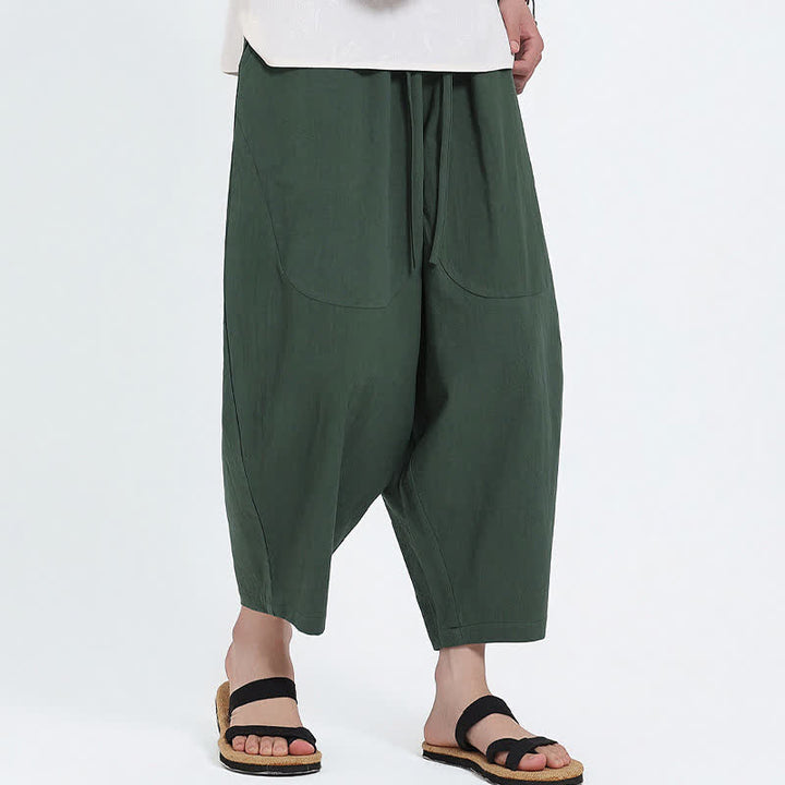 Buddha Stones Lässige Caprihose aus Baumwoll-Leinen-Mischgewebe mit Kordelzug und Taschen für Herren - image 4