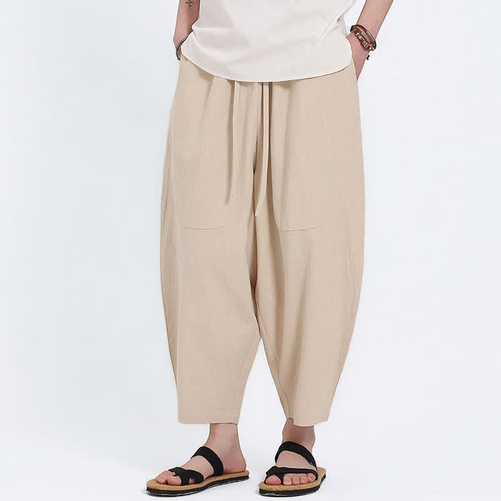 Buddha Stones Lässige Caprihose aus Baumwoll-Leinen-Mischgewebe mit Kordelzug und Taschen für Herren - image 18