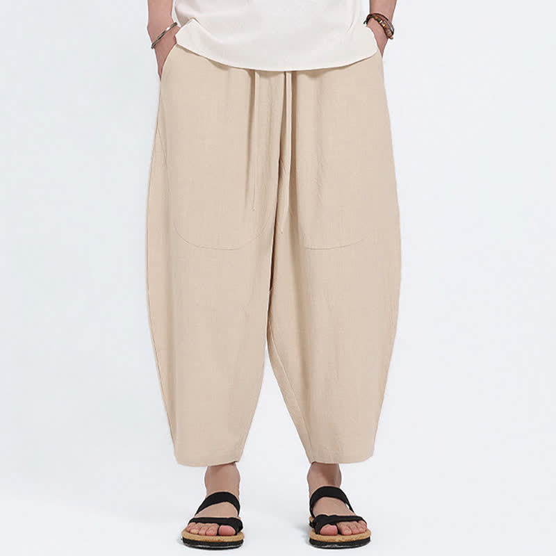 Buddha Stones Lässige Caprihose aus Baumwoll-Leinen-Mischgewebe mit Kordelzug und Taschen für Herren - Beige - US/ UK/AU46, EU56 (5XL) - image 15