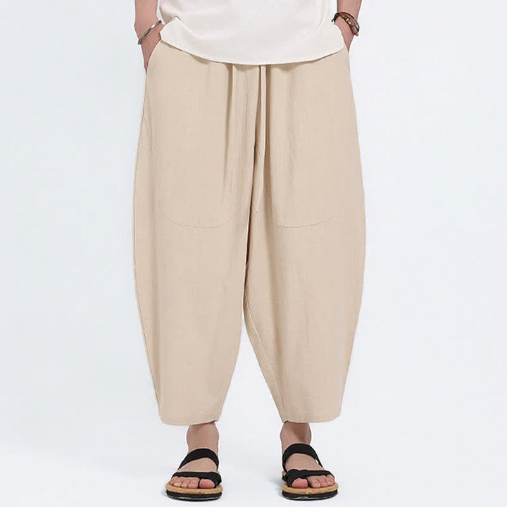 Buddha Stones Lässige Caprihose aus Baumwoll-Leinen-Mischgewebe mit Kordelzug und Taschen für Herren - Beige - US/ UK/AU46, EU56 (5XL) - image 15