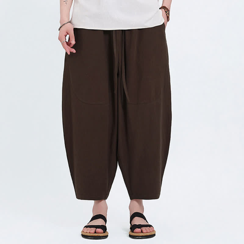 Buddha Stones Lässige Caprihose aus Baumwoll-Leinen-Mischgewebe mit Kordelzug und Taschen für Herren - Sattelbraun - US/ UK/AU46, EU56 (5XL) - image 7