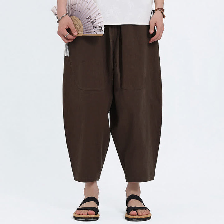 Buddha Stones Lässige Caprihose aus Baumwoll-Leinen-Mischgewebe mit Kordelzug und Taschen für Herren - image 13