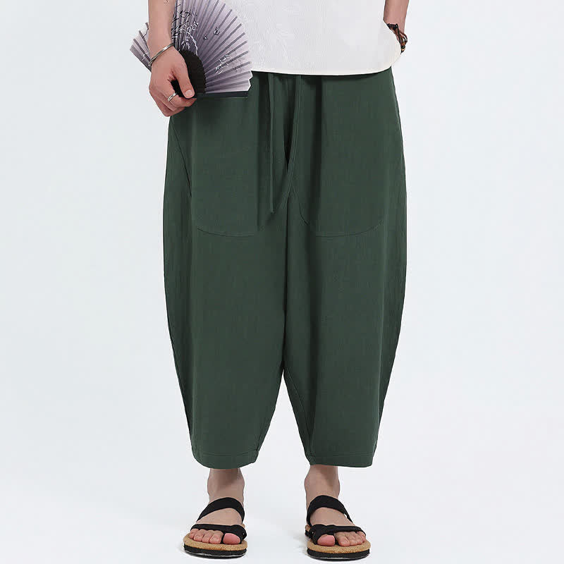 Buddha Stones Lässige Caprihose aus Baumwoll-Leinen-Mischgewebe mit Kordelzug und Taschen für Herren - image 6