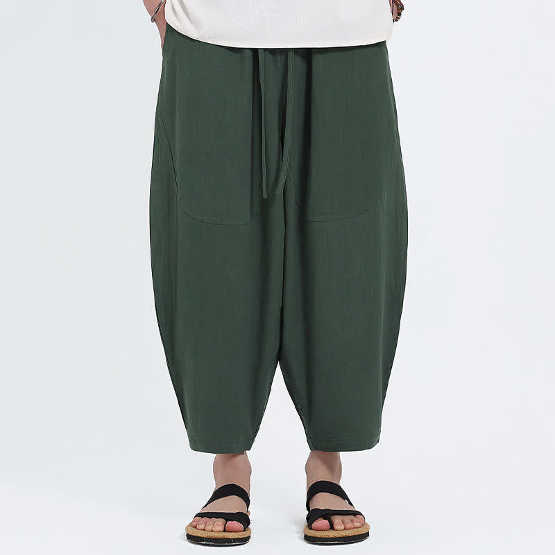Buddha Stones Lässige Caprihose aus Baumwoll-Leinen-Mischgewebe mit Kordelzug und Taschen für Herren - image 1