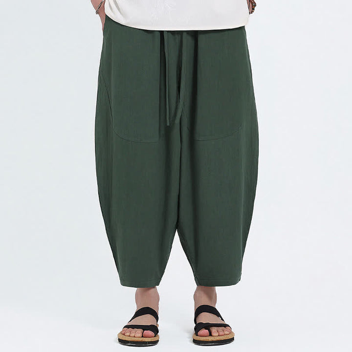 Buddha Stones Lässige Caprihose aus Baumwoll-Leinen-Mischgewebe mit Kordelzug und Taschen für Herren - image 1