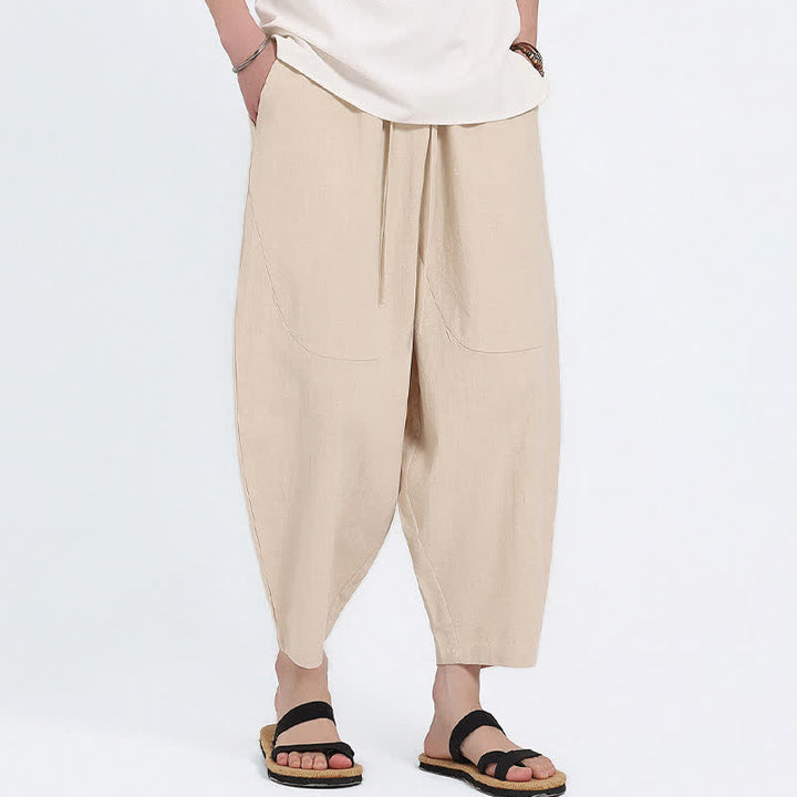 Buddha Stones Lässige Caprihose aus Baumwoll-Leinen-Mischgewebe mit Kordelzug und Taschen für Herren - image 16