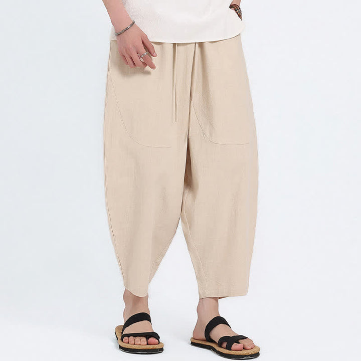 Buddha Stones Lässige Caprihose aus Baumwoll-Leinen-Mischgewebe mit Kordelzug und Taschen für Herren - image 23