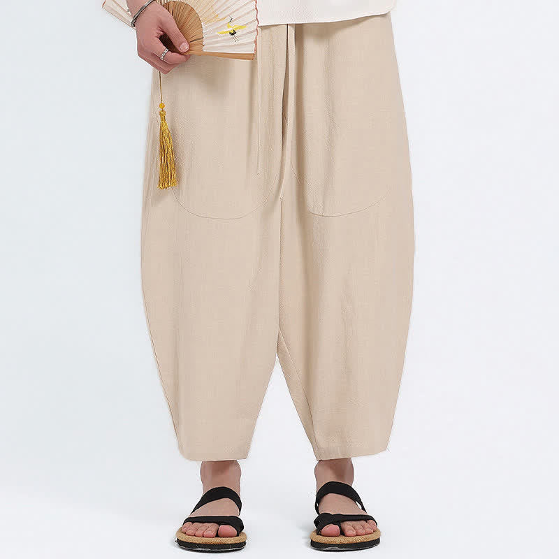 Buddha Stones Lässige Caprihose aus Baumwoll-Leinen-Mischgewebe mit Kordelzug und Taschen für Herren - image 19