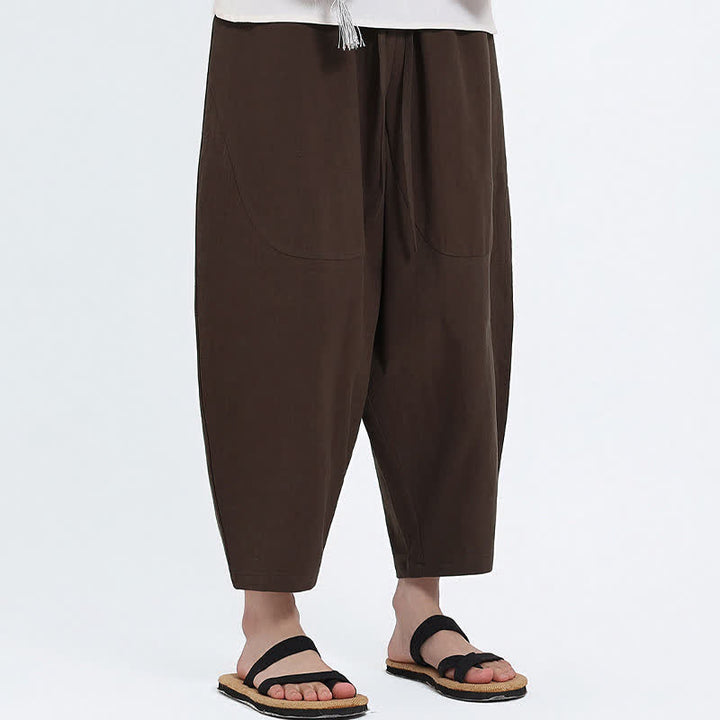 Buddha Stones Lässige Caprihose aus Baumwoll-Leinen-Mischgewebe mit Kordelzug und Taschen für Herren - image 9