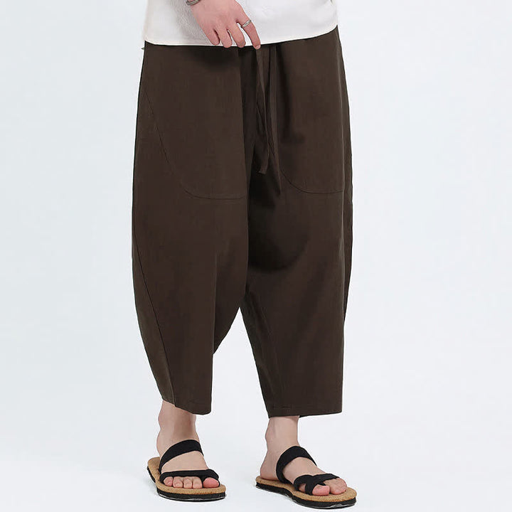 Buddha Stones Lässige Caprihose aus Baumwoll-Leinen-Mischgewebe mit Kordelzug und Taschen für Herren - image 8