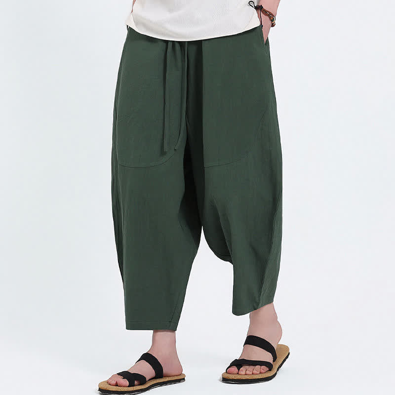 Buddha Stones Lässige Caprihose aus Baumwoll-Leinen-Mischgewebe mit Kordelzug und Taschen für Herren - image 2