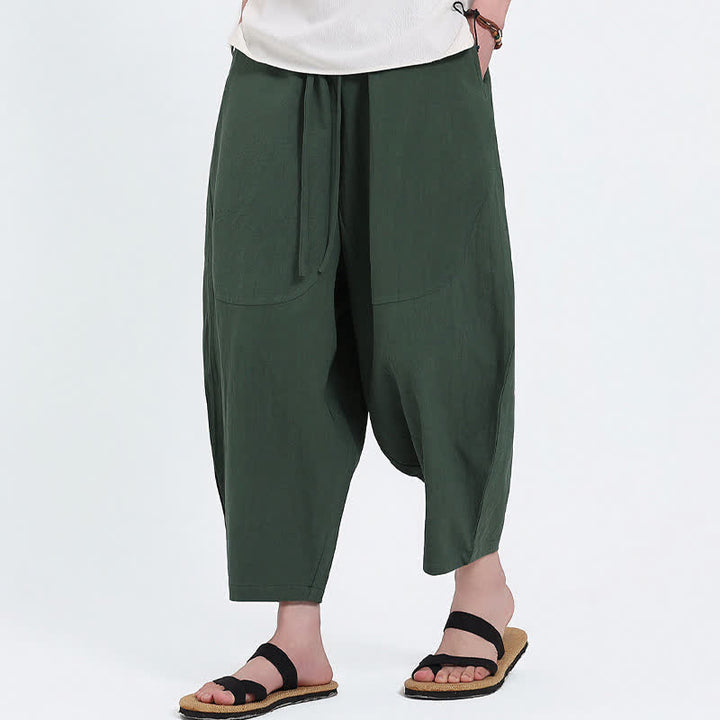Buddha Stones Lässige Caprihose aus Baumwoll-Leinen-Mischgewebe mit Kordelzug und Taschen für Herren - image 2