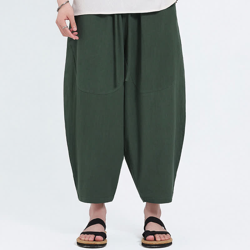 Buddha Stones Lässige Caprihose aus Baumwoll-Leinen-Mischgewebe mit Kordelzug und Taschen für Herren - image 3