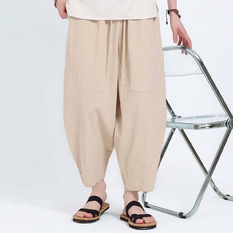 Buddha Stones Lässige Caprihose aus Baumwoll-Leinen-Mischgewebe mit Kordelzug und Taschen für Herren - image 20