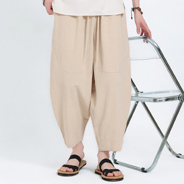 Buddha Stones Lässige Caprihose aus Baumwoll-Leinen-Mischgewebe mit Kordelzug und Taschen für Herren - image 20