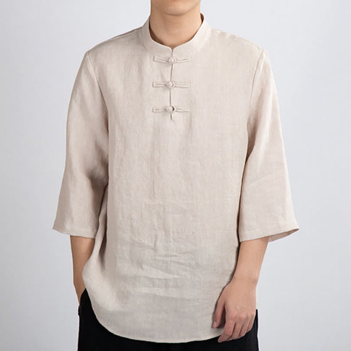 Buddha Stones Sommerliches Herrenhemd im Tang-Stil mit Stehkragen, Froschknopfleiste und Dreiviertelärmeln - Leinen - US/ UK/AU46, EU56 (4XL) - image 0