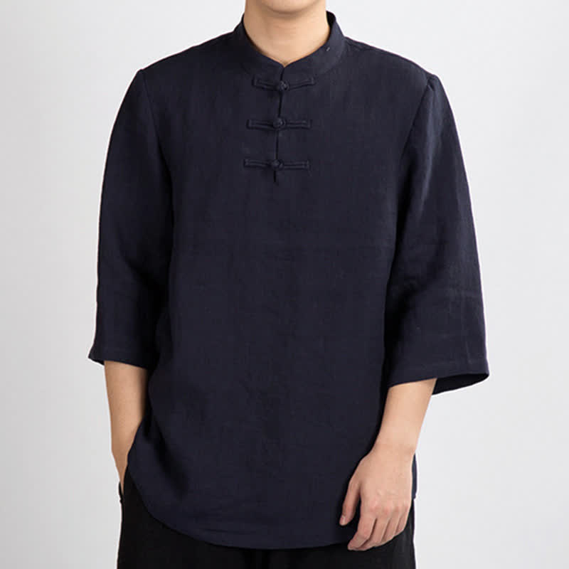 Buddha Stones Sommerliches Herrenhemd im Tang-Stil mit Stehkragen, Froschknopfleiste und Dreiviertelärmeln - Mitternachtsblau - US/ UK/AU46, EU56 (4XL) - image 9