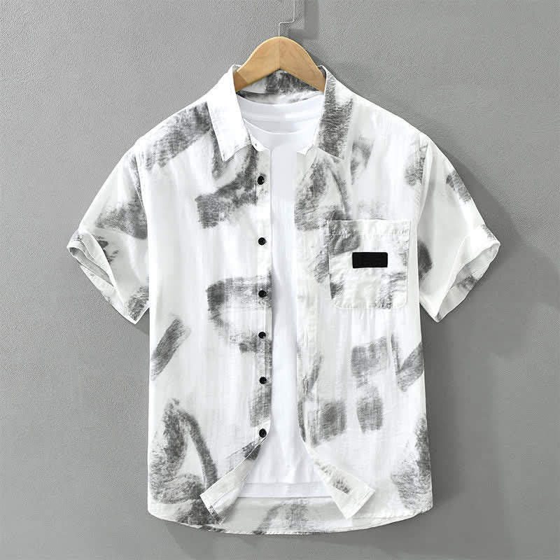 Buddha Stones Lässiges, sommerliches Herrenhemd mit Knopfleiste, abstraktem Muster, kurzen Ärmeln und Tasche - Weißer Rauch - US/UK/AU42, EU52 (3XL) - image 0