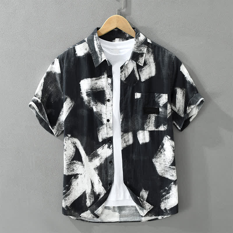 Buddha Stones Lässiges, sommerliches Herrenhemd mit Knopfleiste, abstraktem Muster, kurzen Ärmeln und Tasche - Schwarz - US/UK/AU42, EU52 (3XL) - image 9