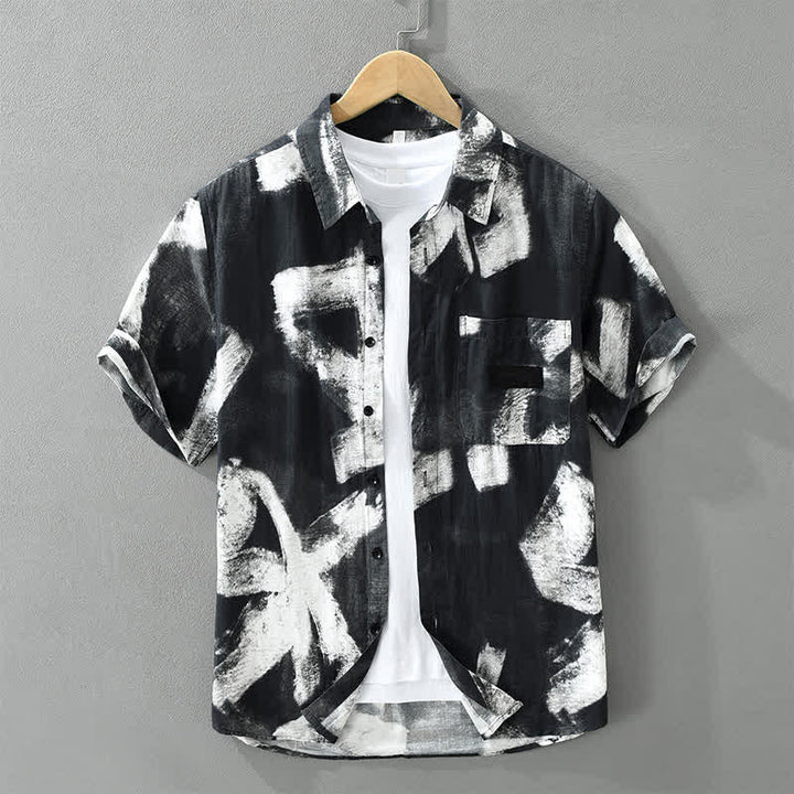 Buddha Stones Lässiges, sommerliches Herrenhemd mit Knopfleiste, abstraktem Muster, kurzen Ärmeln und Tasche - Schwarz - US/UK/AU42, EU52 (3XL) - image 9
