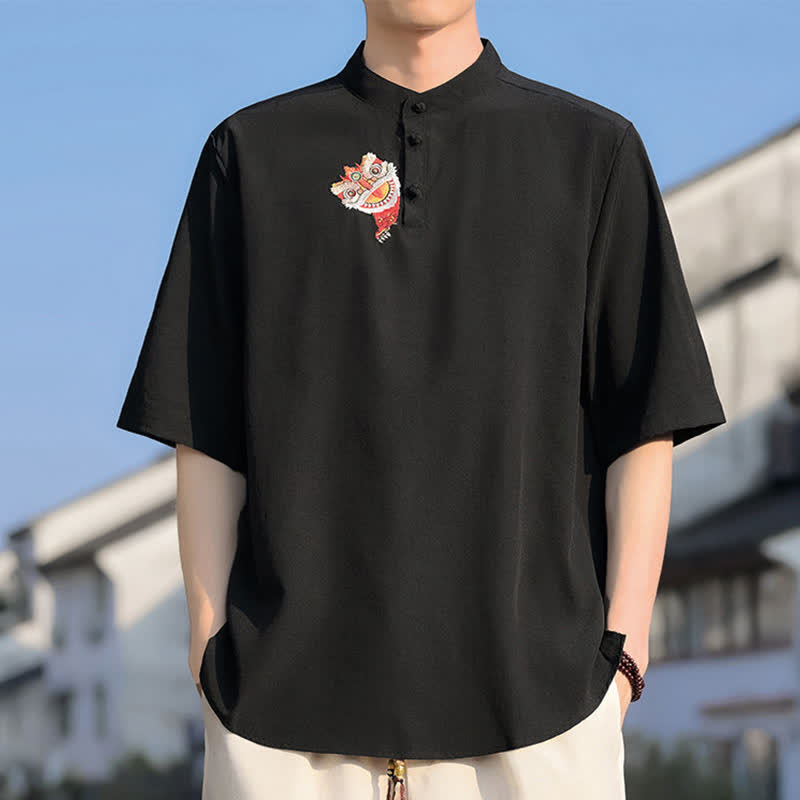 Buddha Stones Sommerliches Herrenhemd im Tang-Stil mit Stehkragen, Stickerei und kurzen Ärmeln - Schwarz - US/UK/AU46, EU56 (5XL) - image 0