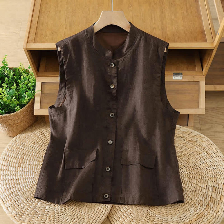 Buddha Stones Sommerliches, minimalistisches Tanktop im Tang-Stil mit Stehkragen, Knopfleiste und Tasche für Damen. - Sattelbraun - US12, UK/AU16, EU44 (2XL) - image 9