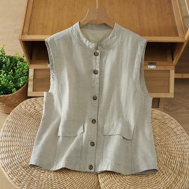 Buddha Stones Sommerliches, minimalistisches Tanktop im Tang-Stil mit Stehkragen, Knopfleiste und Tasche für Damen. - Beige - US12, UK/AU16, EU44 (2XL) - image 0